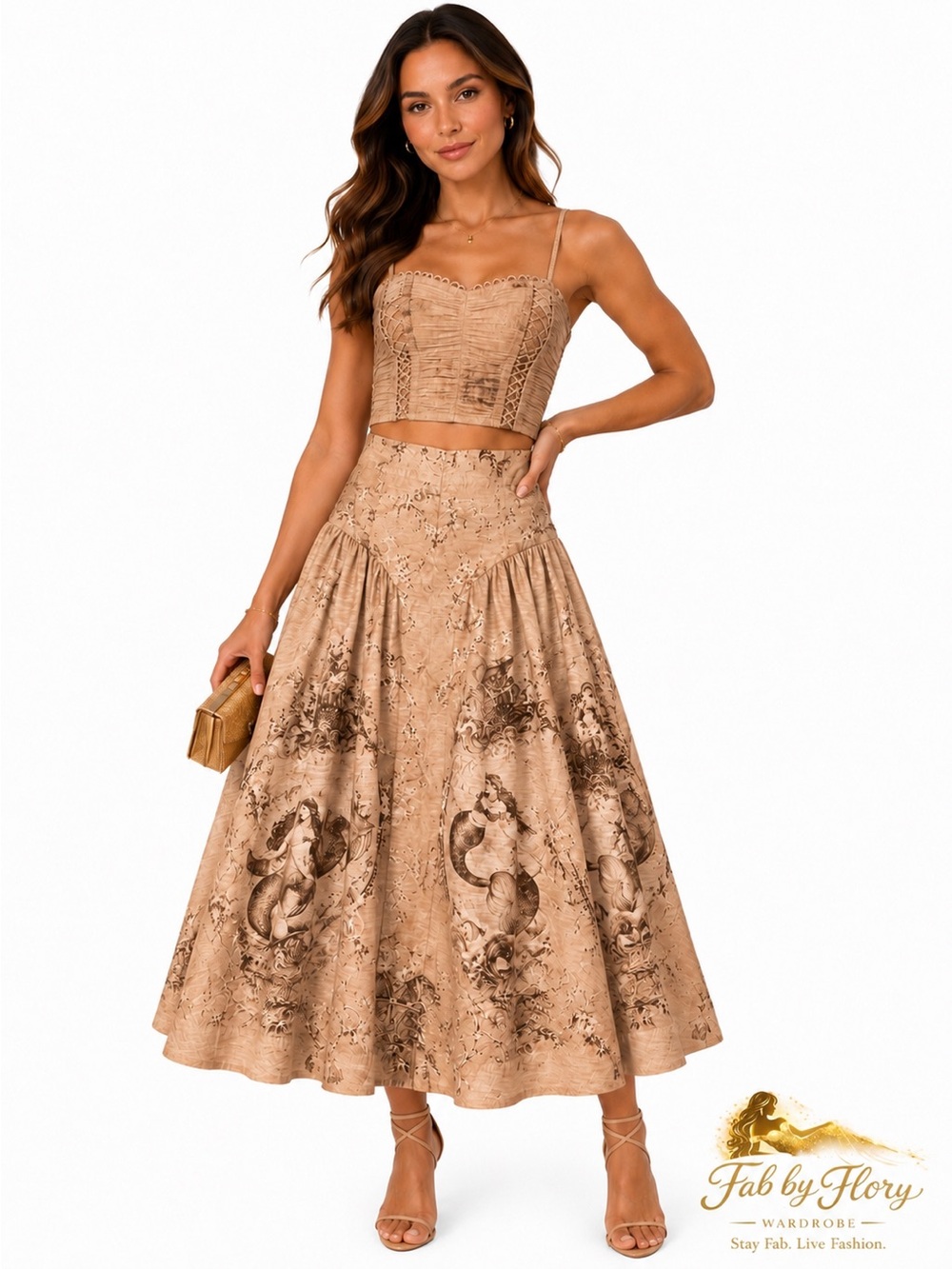 🌟 Two-Piece Toile Print Midi Skirt Set Whimsical Mermaid Motif - Read Notes
